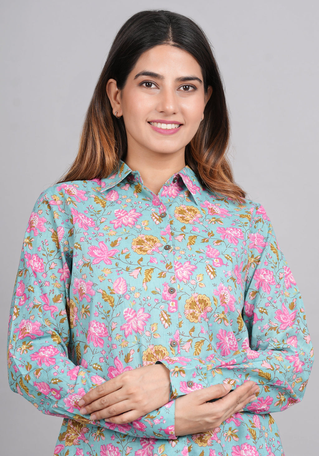 House of RP Women's Green Cotton Floral Printed Casual Shirt