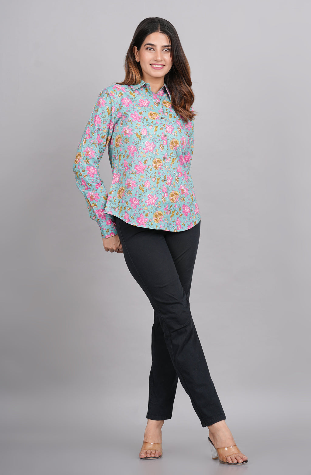 House of RP Women's Green Cotton Floral Printed Casual Shirt