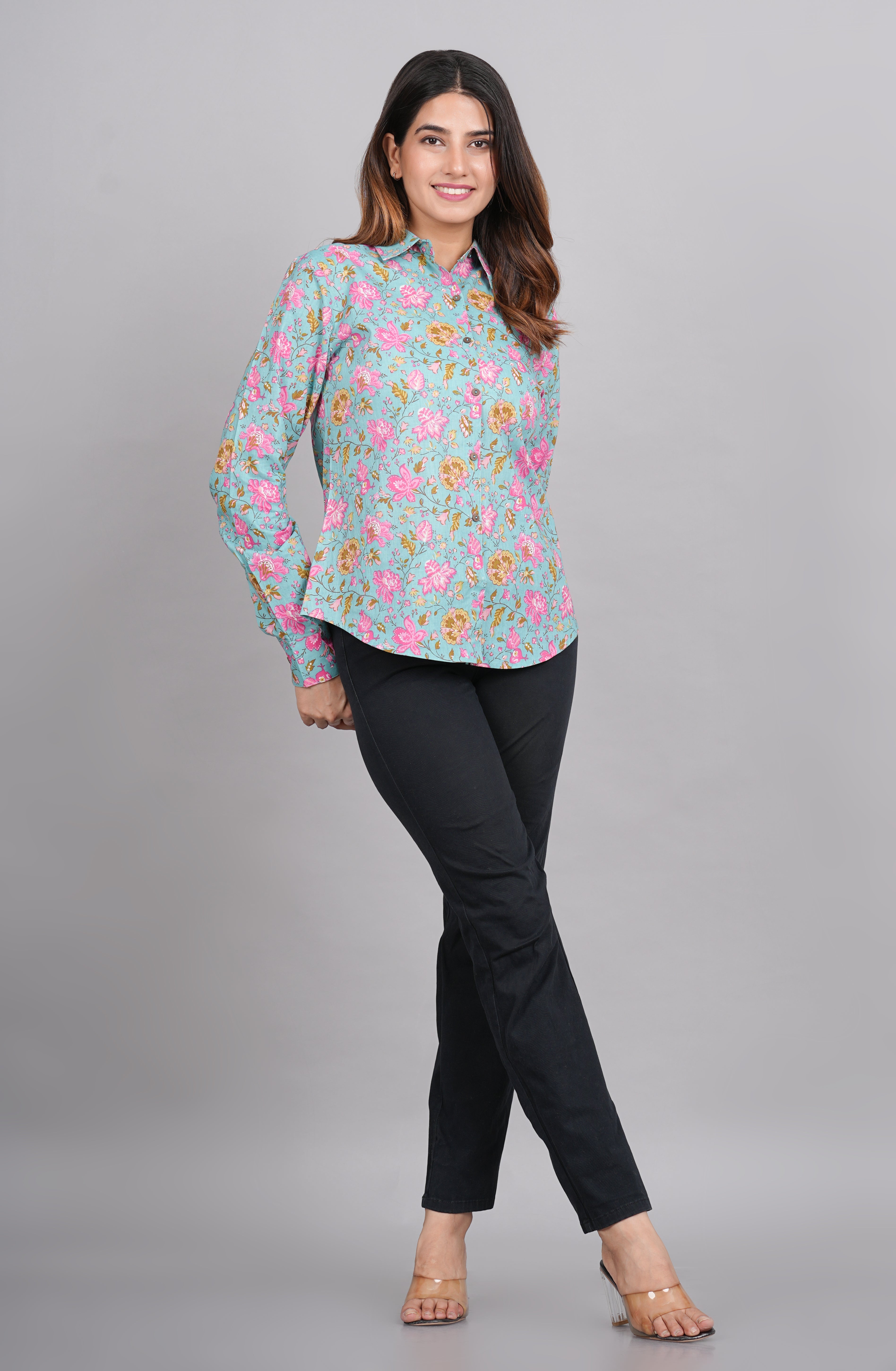 House of RP Women's Green Cotton Floral Printed Casual Shirt