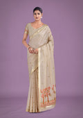 Monjolika Fashion Imaginative Beige & Red Woven Butti Pattern Cotton Silk Saree