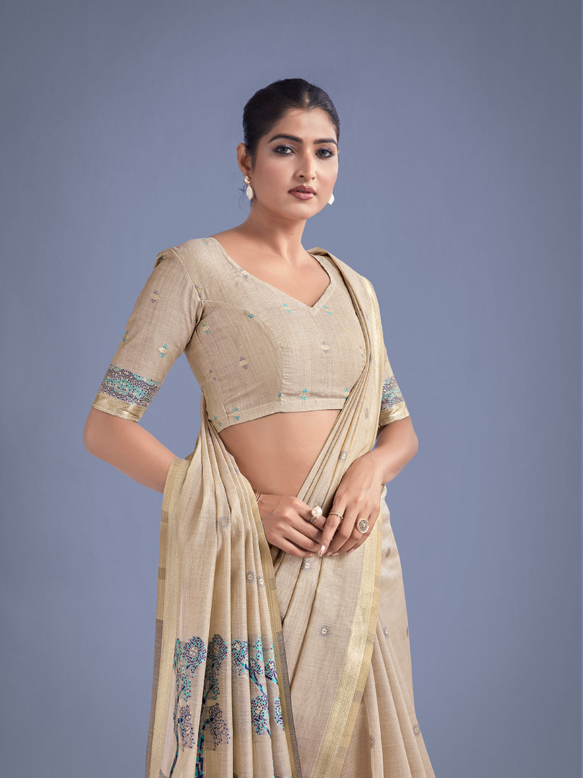 Monjolika Fashion Imaginative Beige & Blue Woven Butti Pattern Cotton Silk Saree