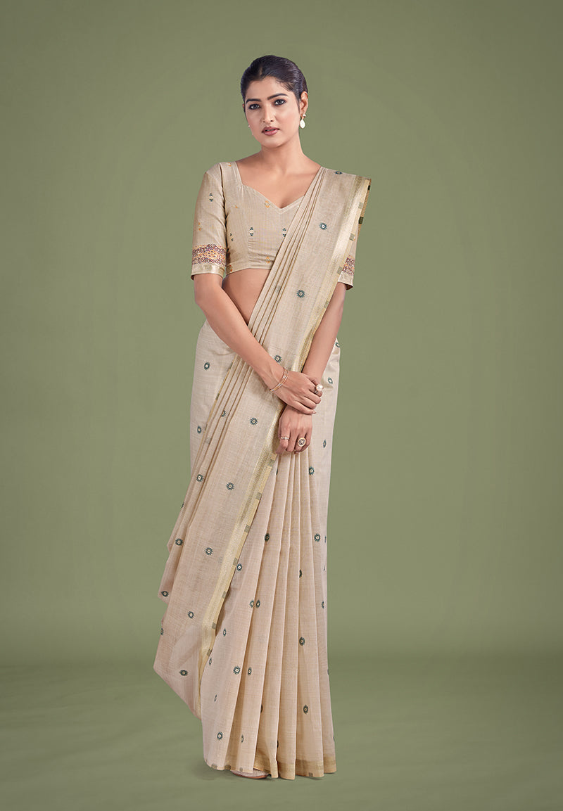 Monjolika Fashion Imaginative Beige & Maroon Woven Butti Pattern Cotton Silk Saree