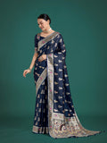 Monjolika Fashion Blue Color Festival Wear Banarasi Satin Silk Designer Zari Weaving Saree