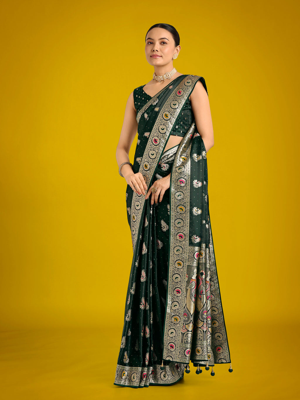 Monjolika Fashion Dark Green Color Festival Wear Banarasi Satin Silk Designer Zari Weaving Saree