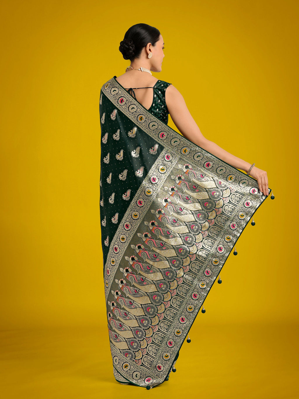 Monjolika Fashion Dark Green Color Festival Wear Banarasi Satin Silk Designer Zari Weaving Saree