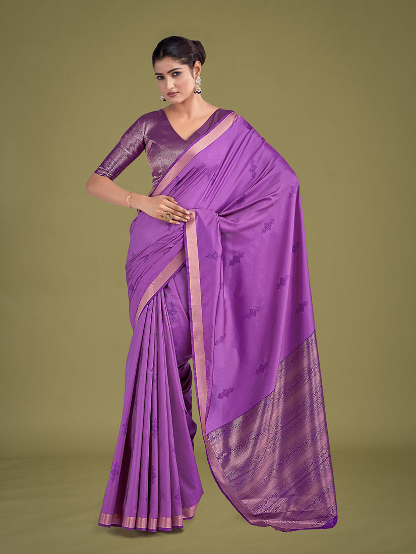 Monjolika Fashion Charming Lavender Color Silk Golden Zari Woven Ceremony Saree