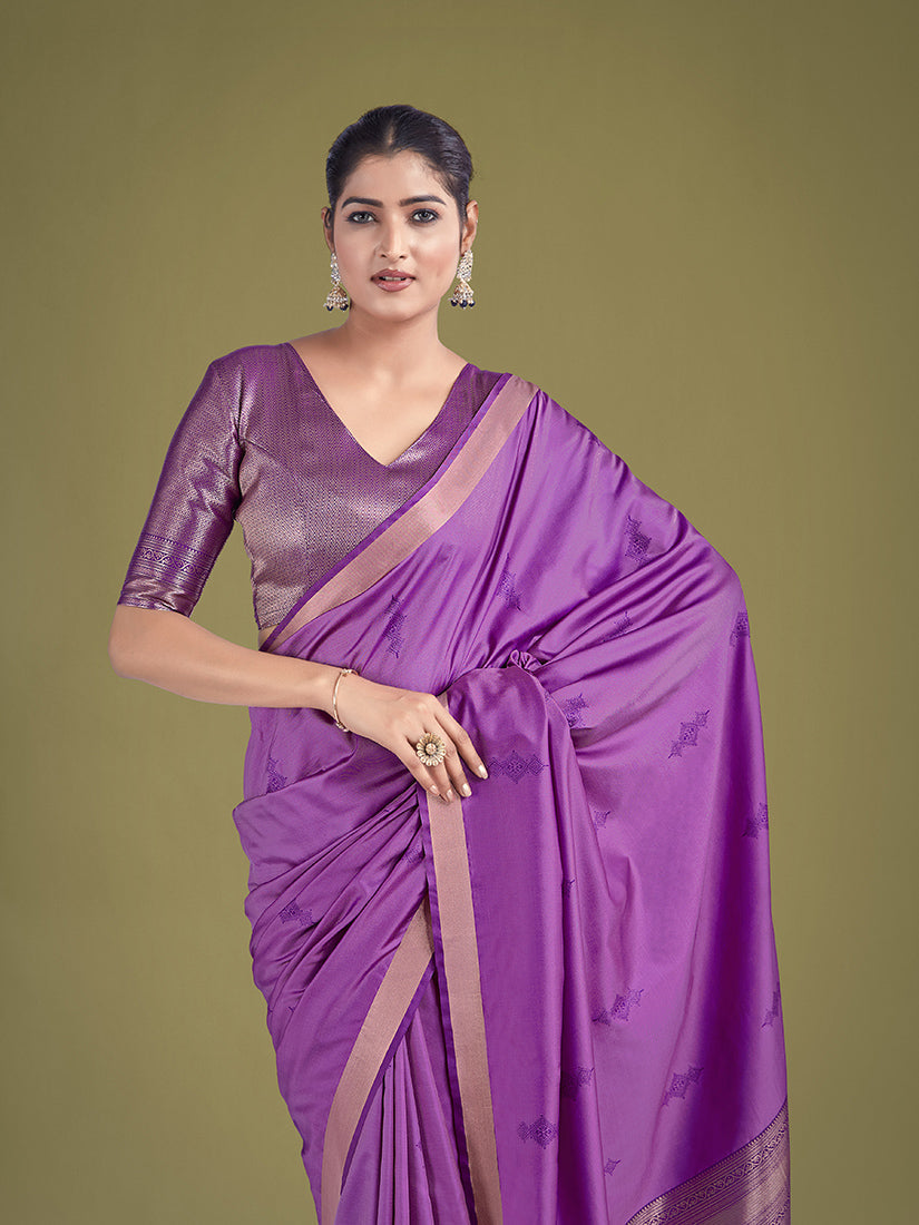 Monjolika Fashion Charming Lavender Color Silk Golden Zari Woven Ceremony Saree