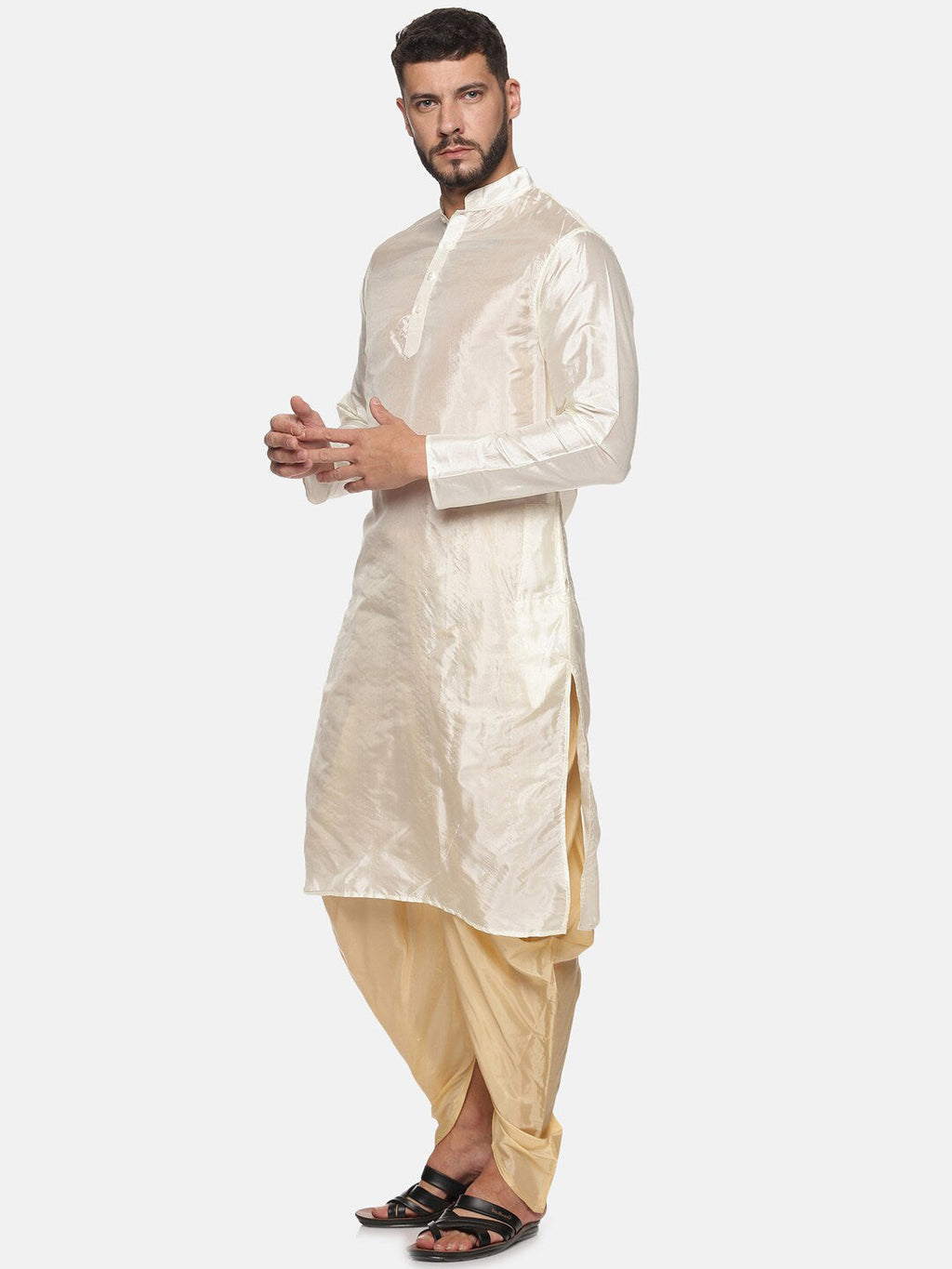 Sethukrishna Men Cream-Coloured Kurti with Dhoti Pants