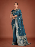 Monjolika Fashion Dark Teal Banarasi Satin Silk Saree with Intricate Zari Work with Rich Weaving Pattern