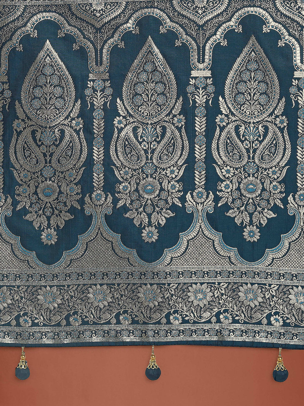 Monjolika Fashion Dark Teal Banarasi Satin Silk Saree with Intricate Zari Work with Rich Weaving Pattern