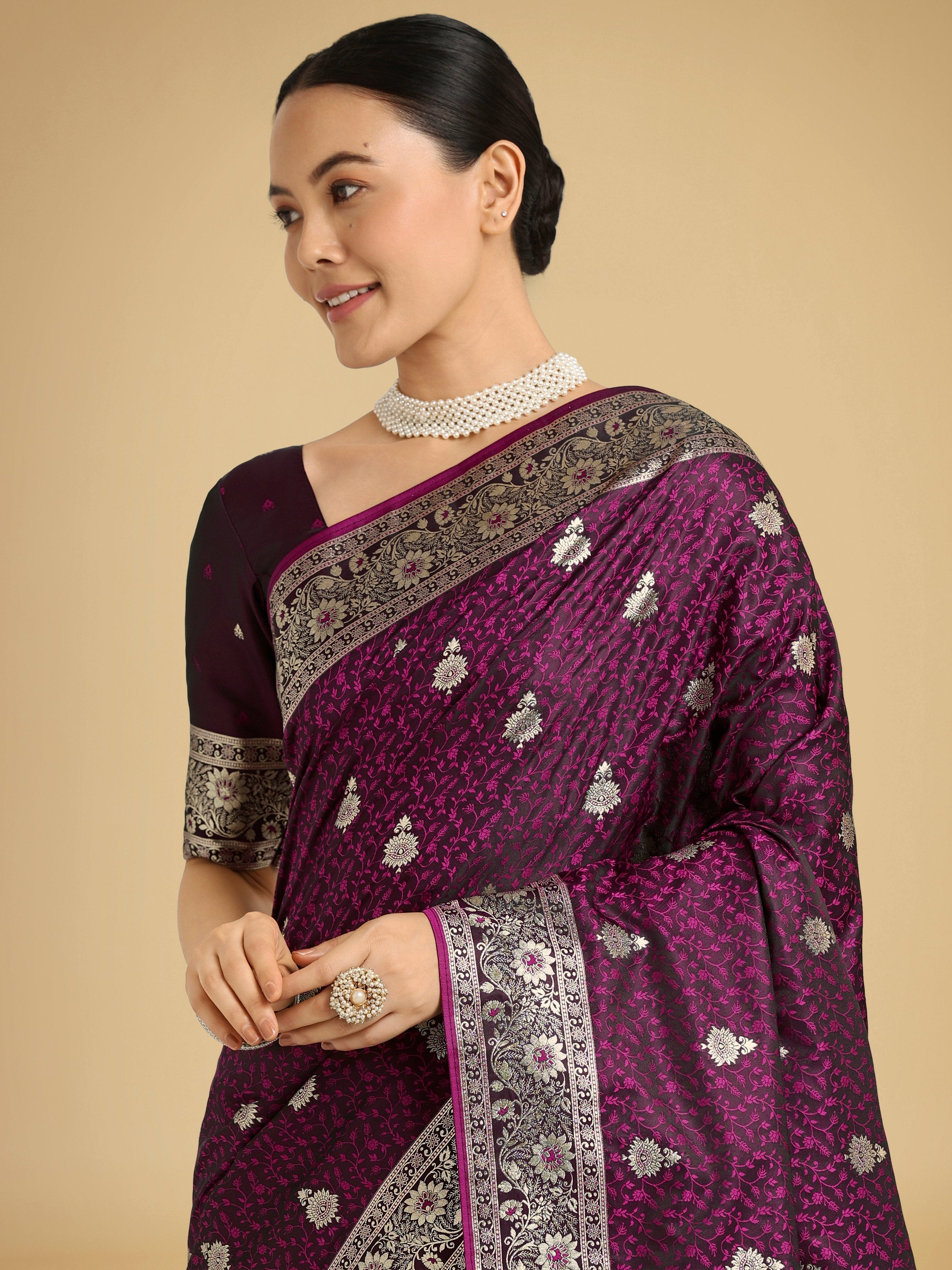 Monjolika Fashion Wine Banarasi Satin Silk Saree with Intricate Zari Work with Rich Weaving Pattern
