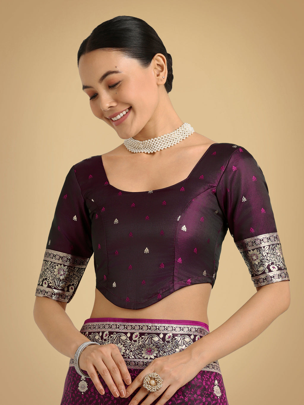 Monjolika Fashion Wine Banarasi Satin Silk Saree with Intricate Zari Work with Rich Weaving Pattern