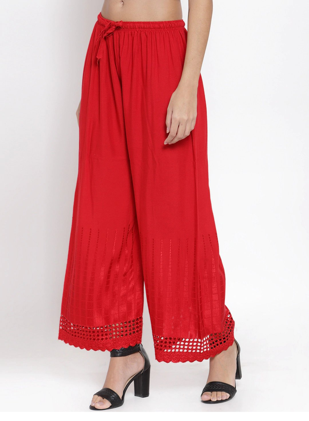 PAVONINE Red Color Aari Work Minar Design Rayon Fabric Shrarara