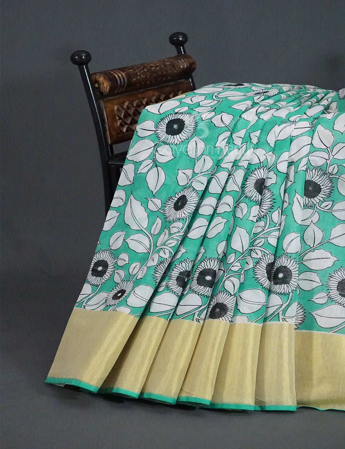 Gleaming Sea Green Kalamkari Cotton Linen Printed Saree By Gayathri Reddy Designer Studio