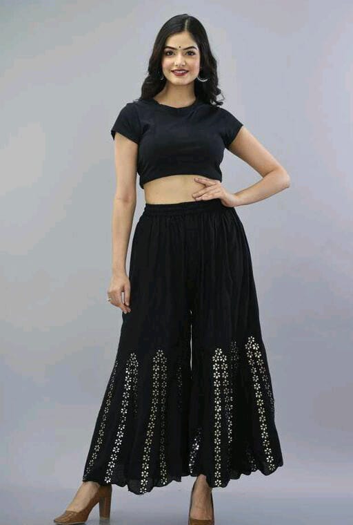 PAVONINE Black Color Embroidery Floral Patch Work Flared Sharara For Women