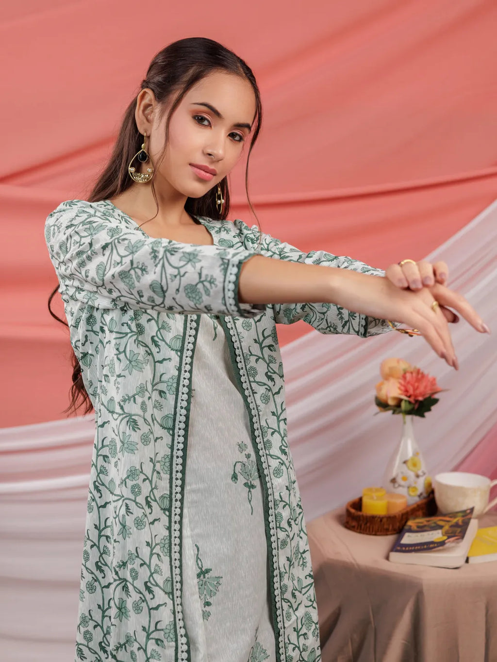 Yufta Green Floral Print Cotton A-Line Kurta Sets Add-On Jacket