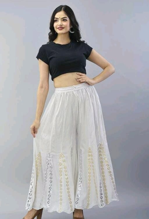 PAVONINE Off-White Color Embroidery Floral Patch Work Flared Sharara For Women