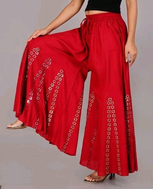 PAVONINE Red Color Embroidery Floral Patch Work Flared Sharara For Women
