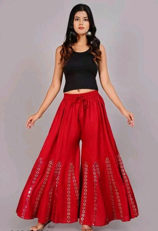PAVONINE Red Color Embroidery Floral Patch Work Flared Sharara For Women