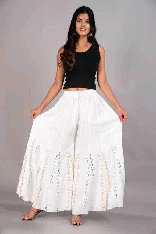 PAVONINE White Color Embroidery Floral Patch Work Flared Sharara For Women