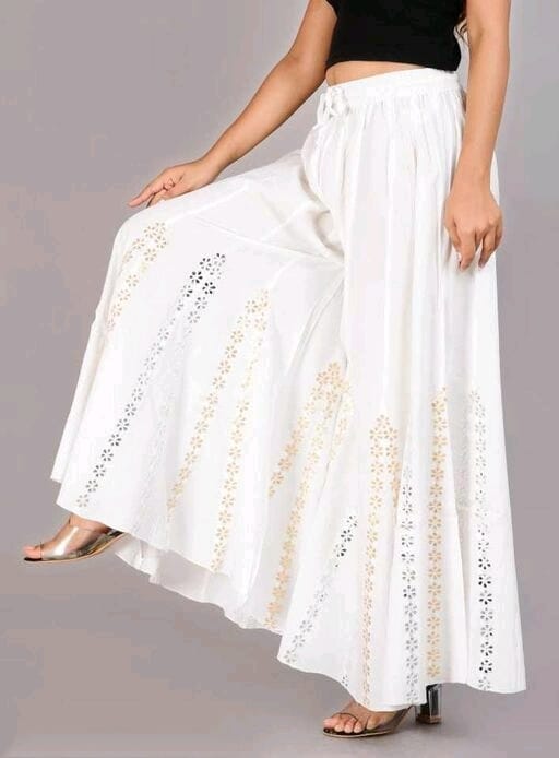 PAVONINE White Color Embroidery Floral Patch Work Flared Sharara For Women