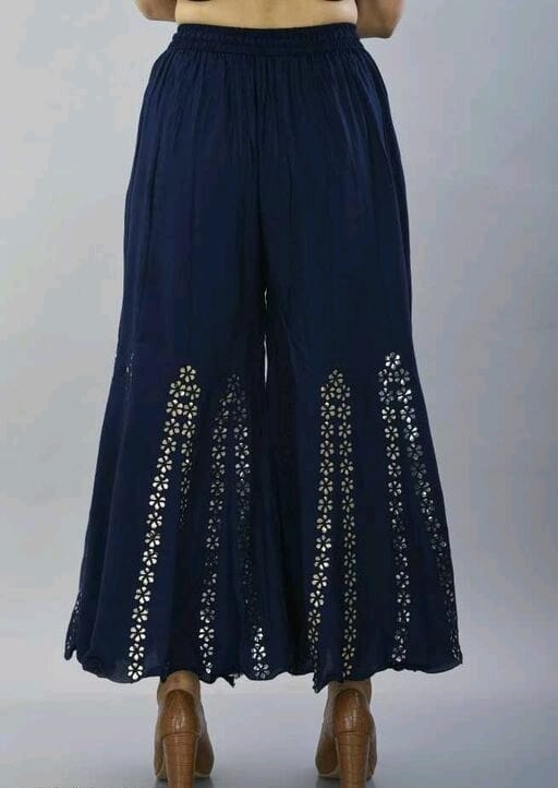 PAVONINE Navy Blue Color Embroidery Floral Patch Work Flared Sharara For Women
