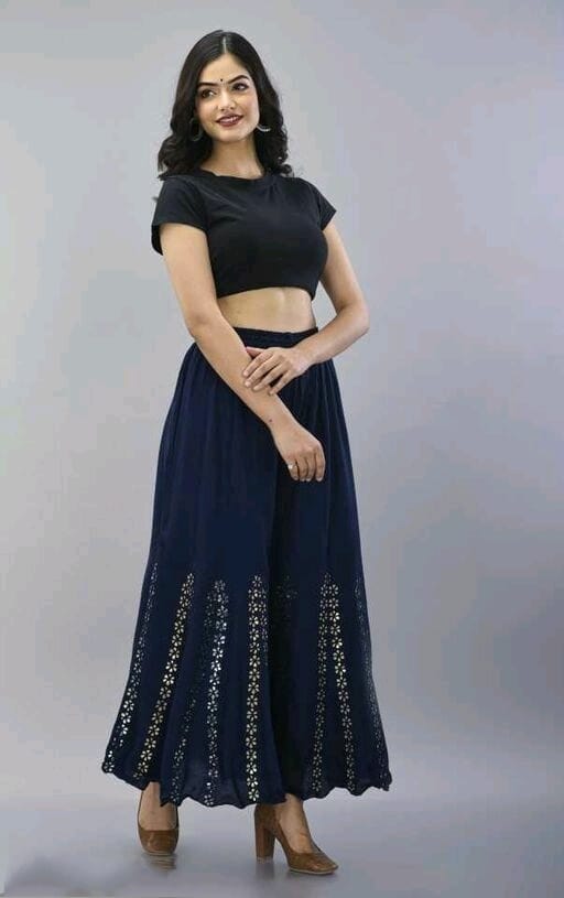 PAVONINE Navy Blue Color Embroidery Floral Patch Work Flared Sharara For Women