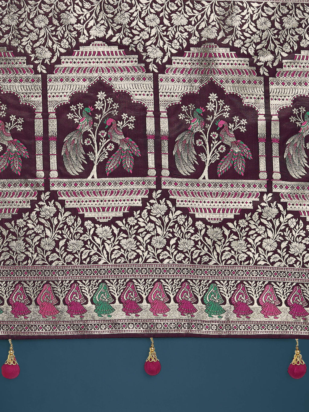 Monjolika Fashion Wine With Gold Bordar Banarasi Zari Woven Satin Saree