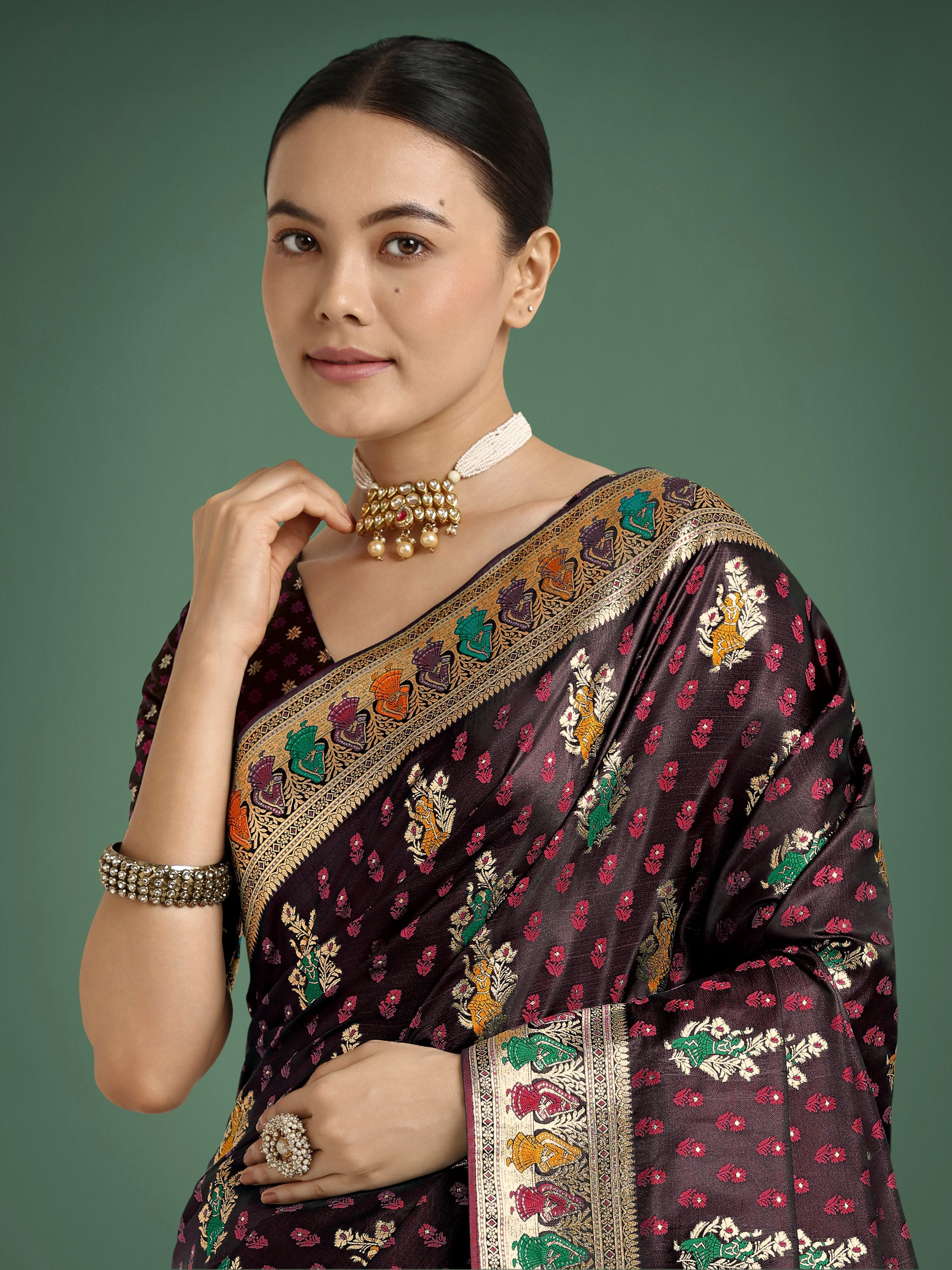 Monjolika Fashion Maroon With Gold Bordar Banarasi Zari Woven Satin Saree