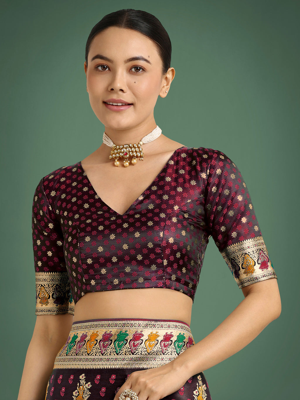 Monjolika Fashion Maroon With Gold Bordar Banarasi Zari Woven Satin Saree