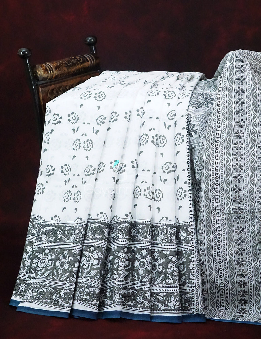 Mix of White and Grey Block Print Mulmul Cotton Saree By Gayathri Reddy Designer Studio