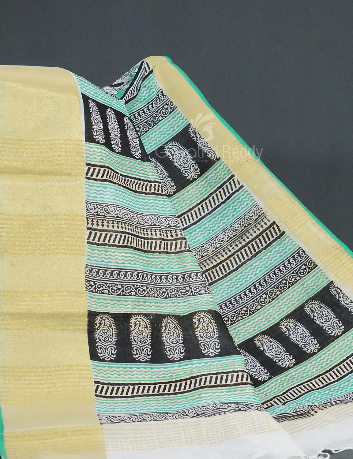 Gleaming Sea Green Kalamkari Cotton Linen Printed Saree By Gayathri Reddy Designer Studio