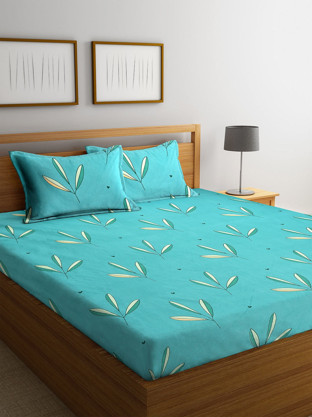 Home Sizzler Turquoise Blue & White Floral 144 TC Polyester 1 Queen Bedsheet with 2 Pillow Covers
