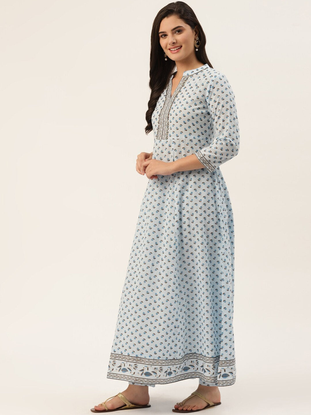 HERE&NOW Women Blue Floral Printed Pure Cotton Kurta with Trousers