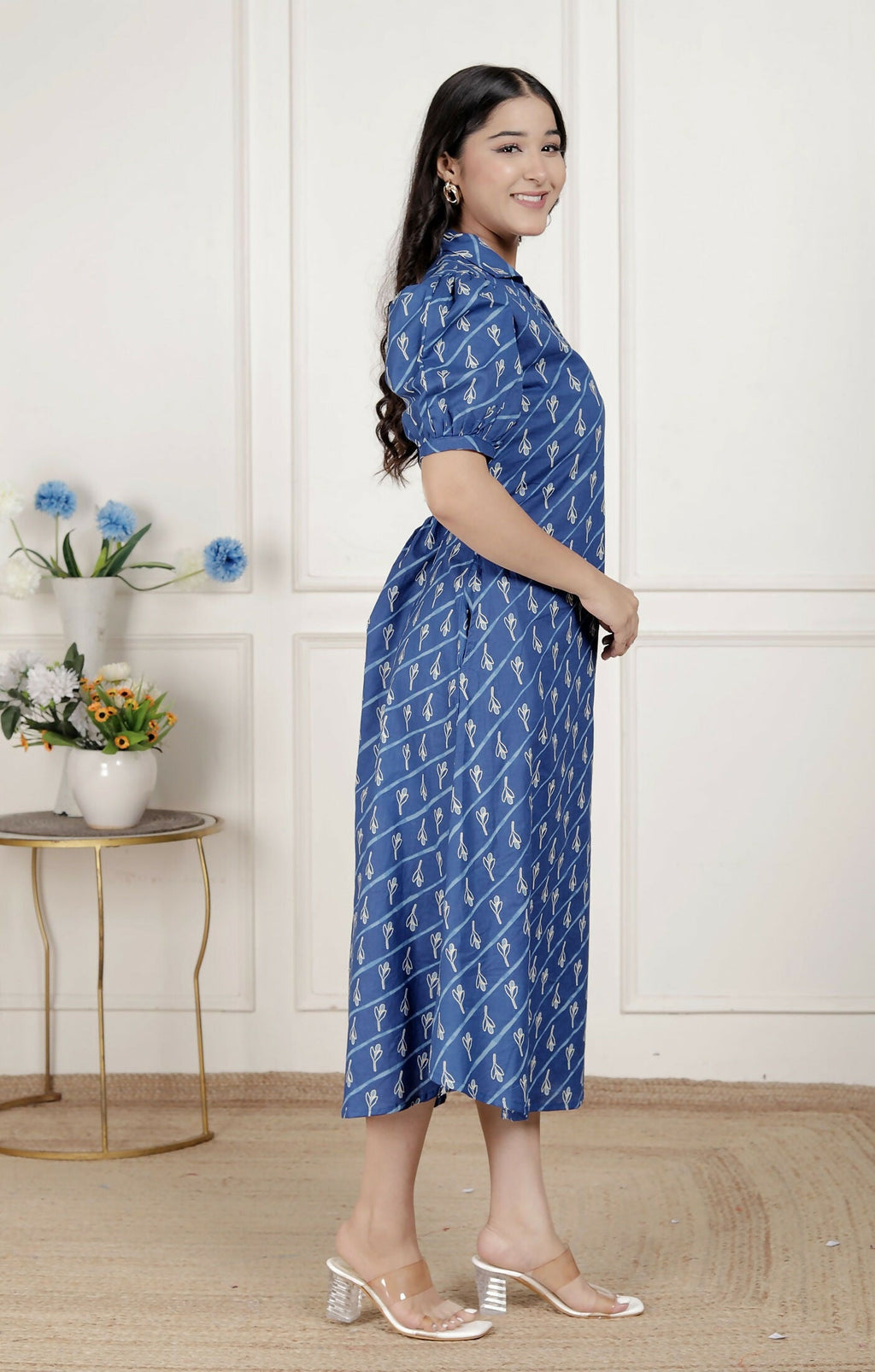 Miravan Womens Floral Print Blue Collar-Neck Puff Sleeves A-Line Maxi Dress