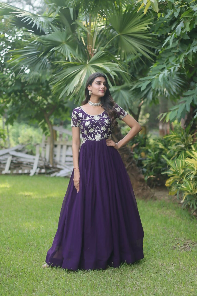 Jyoti Fashion Women's Purple Sequins Embroidered Faux Georgette Anarkali Dress