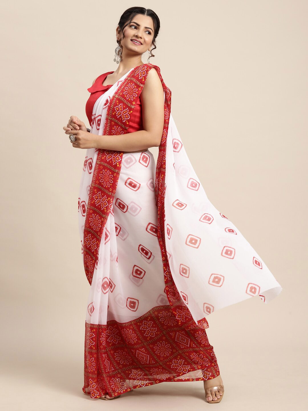 Saree Mall Women White & Red Bandhani Printed Poly Chiffon Sarees