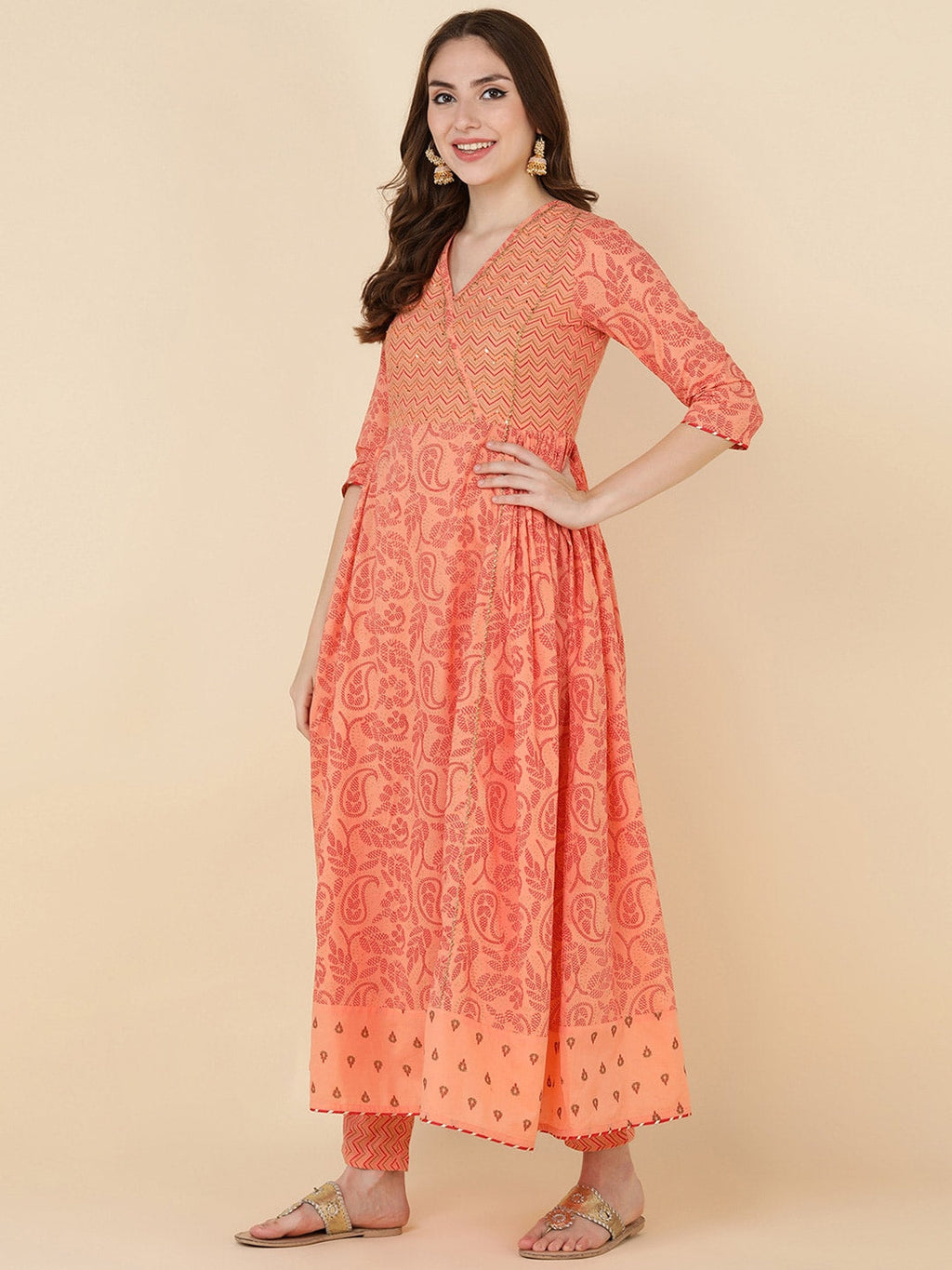 HERE&NOW Women Orange Embroidered Pure Cotton Kurta with Trousers & With Dupatta