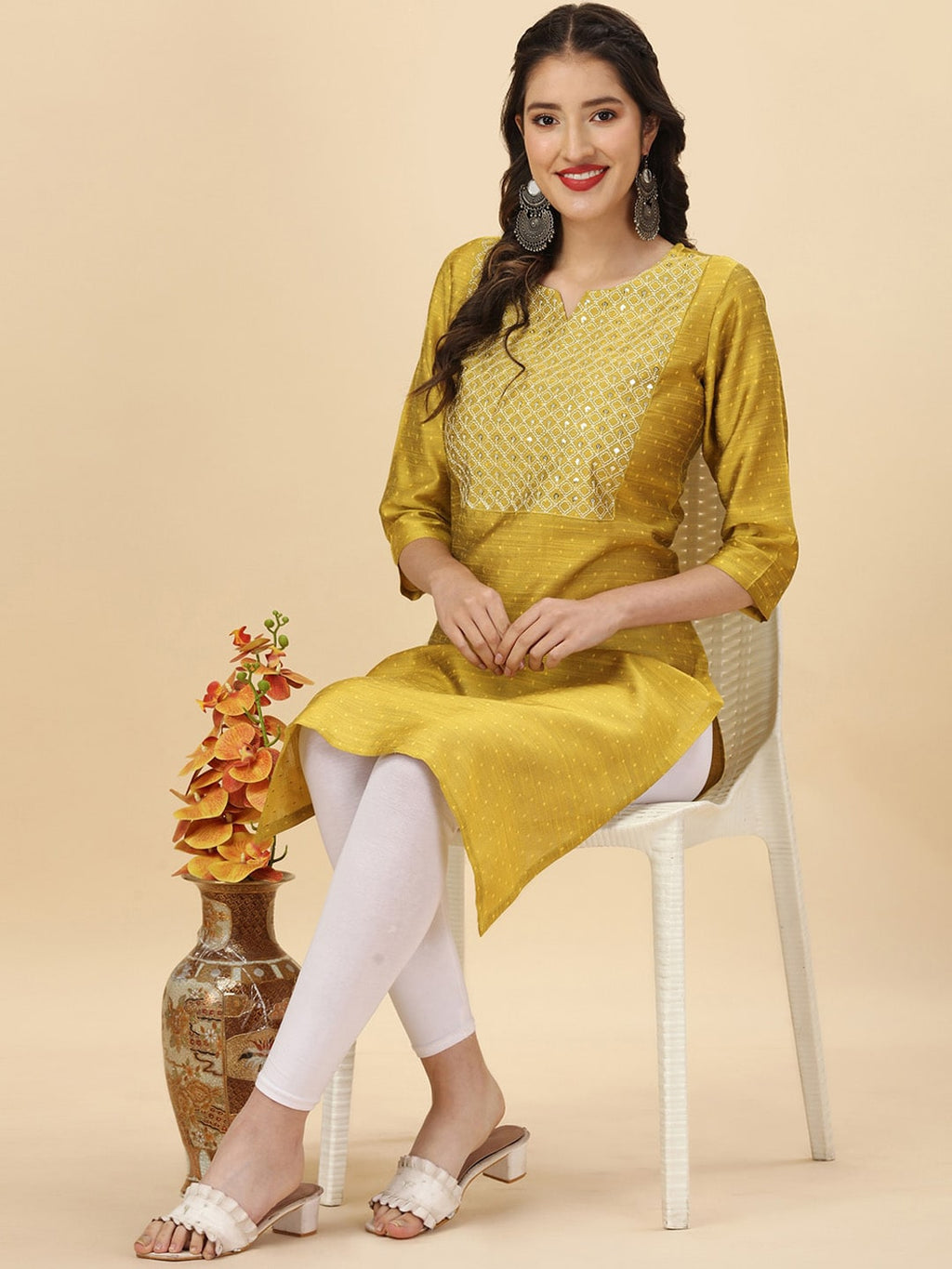 HERE&NOW Yellow Woven Design Mirror Work Straight Kurta