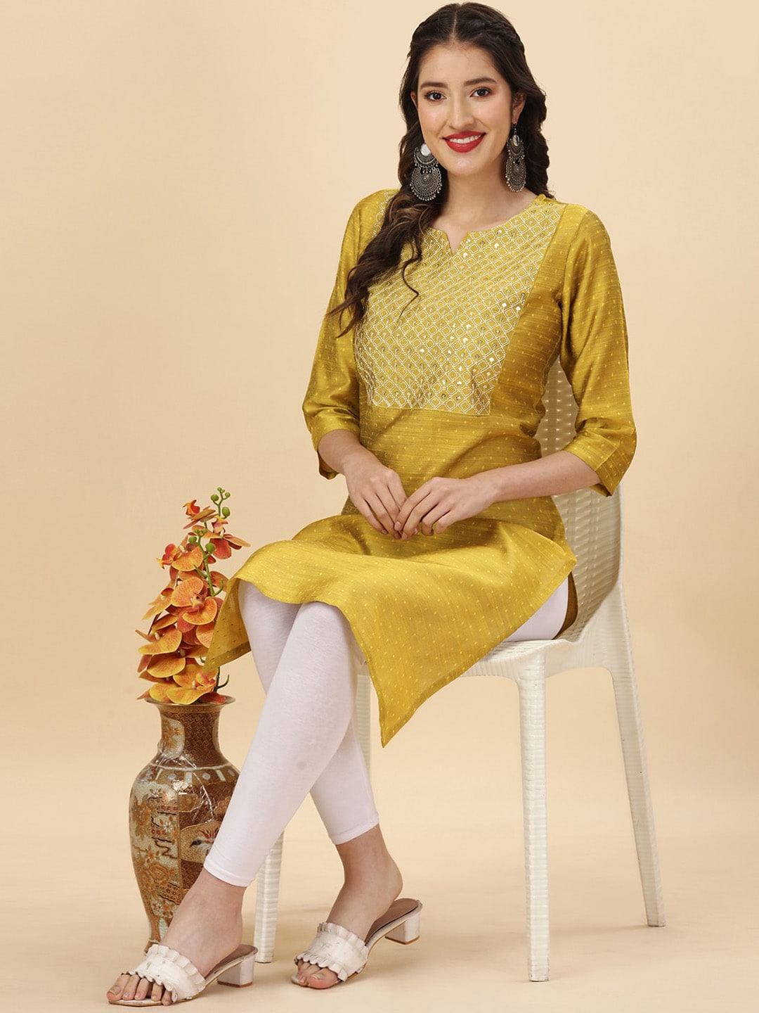 HERE&NOW Yellow Woven Design Mirror Work Straight Kurta