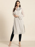 All About You Women Grey Bell Sleeves Yoke Design Thread Work Dobby Kurta