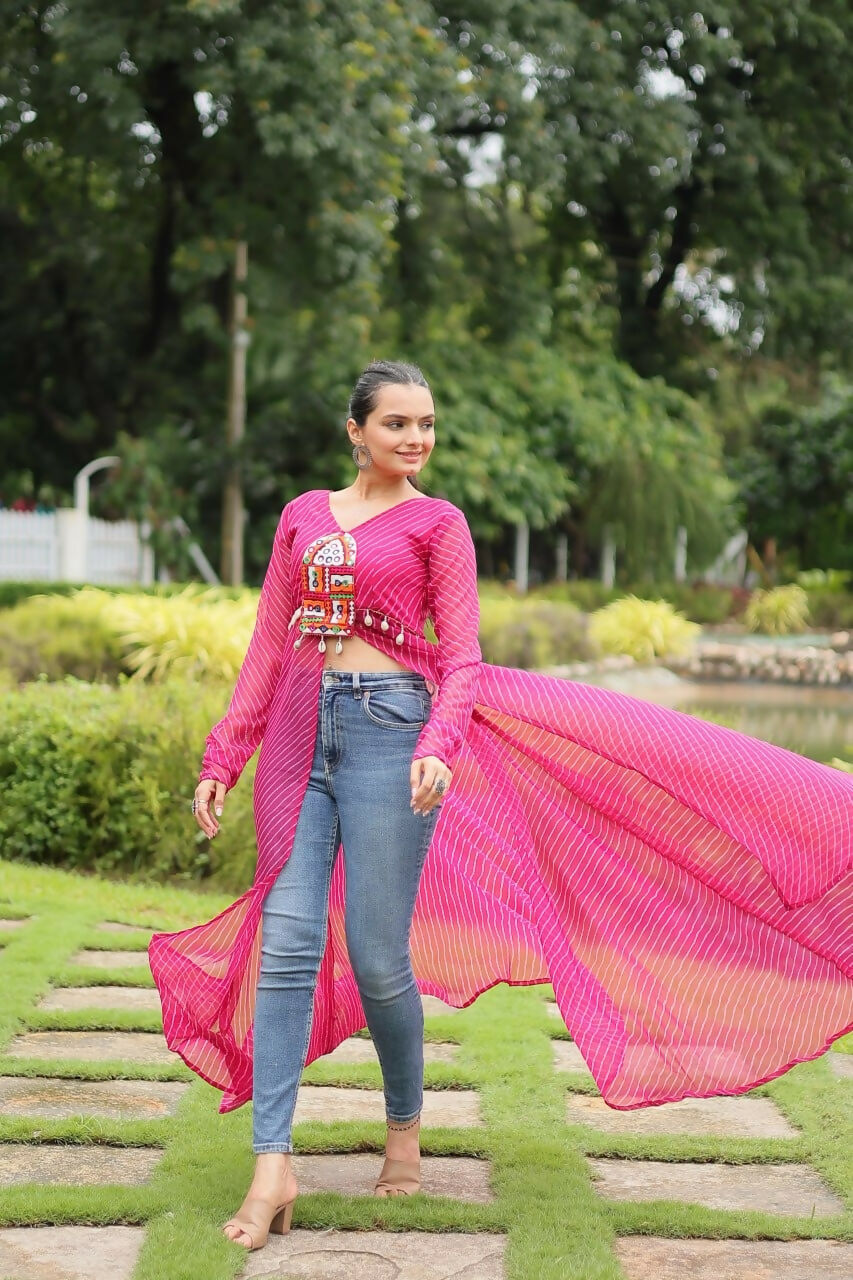 Vastranavya Pink Navratri Special Kutchi Patch Work with Leheriya Printed Kurti