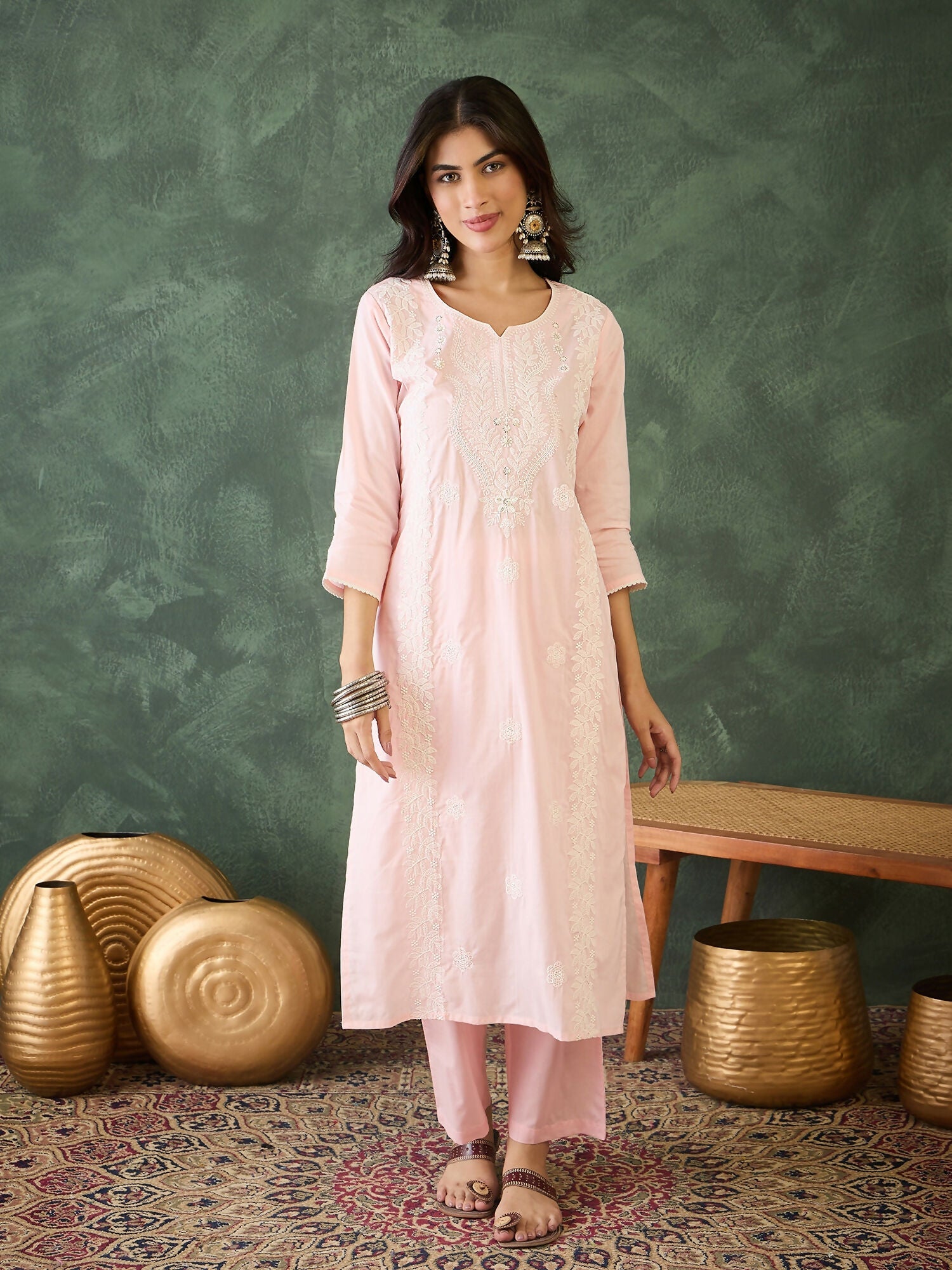 The52 Baby pink Women's Gorgeous Cotton Blend Fabric Thread Work Straight Kurta, Pant and Dupatta Set