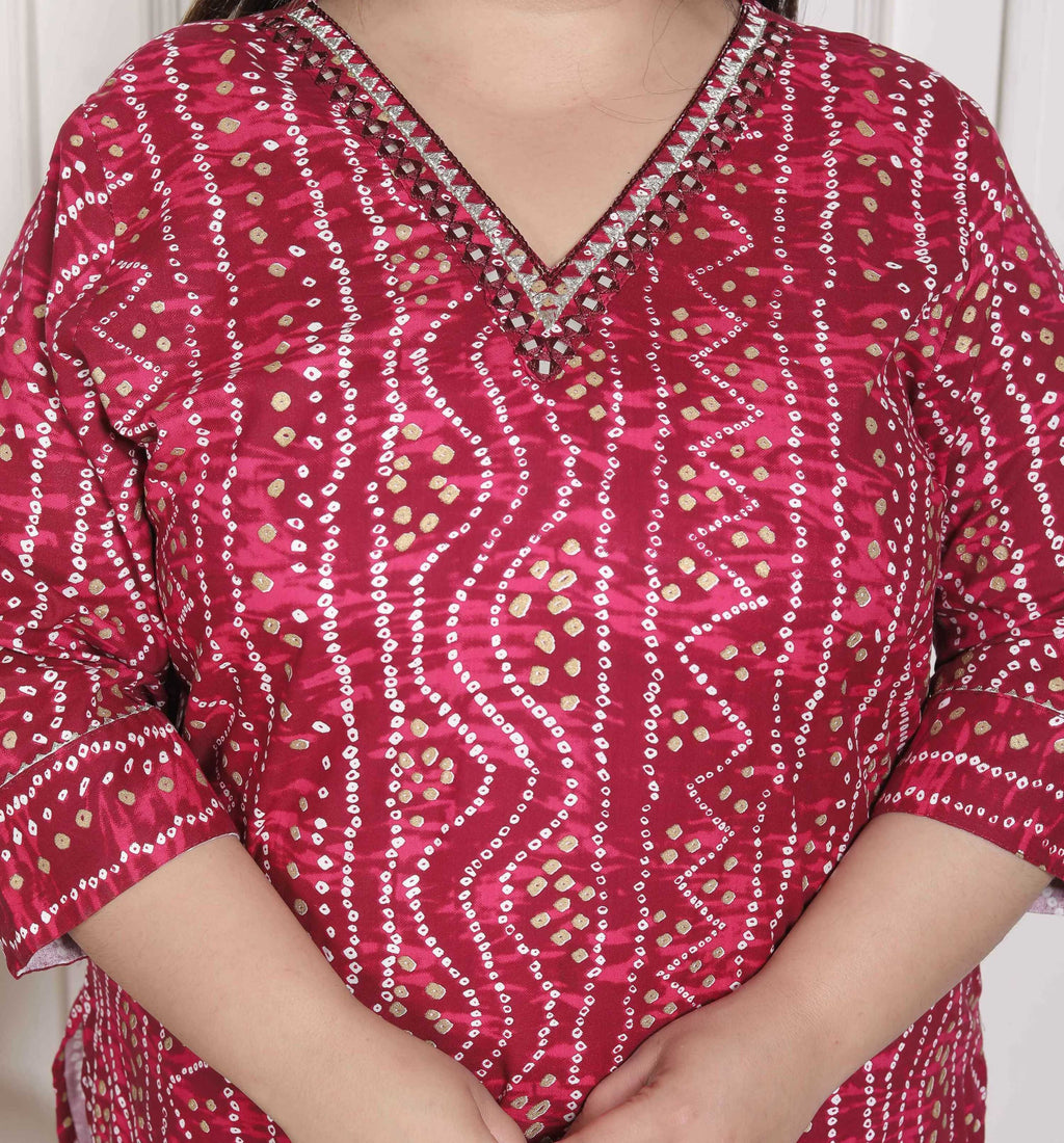 Miravan Women's Plus Size Bandhej Printed Rayon Kurta Magenta