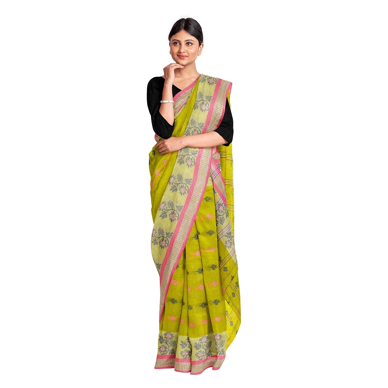 Exclusive Collection 100% Pure Cotton Olive Tant Saree With Hand Weaving Work