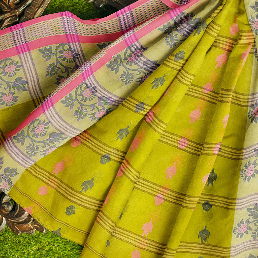 Exclusive Collection 100% Pure Cotton Olive Tant Saree With Hand Weaving Work