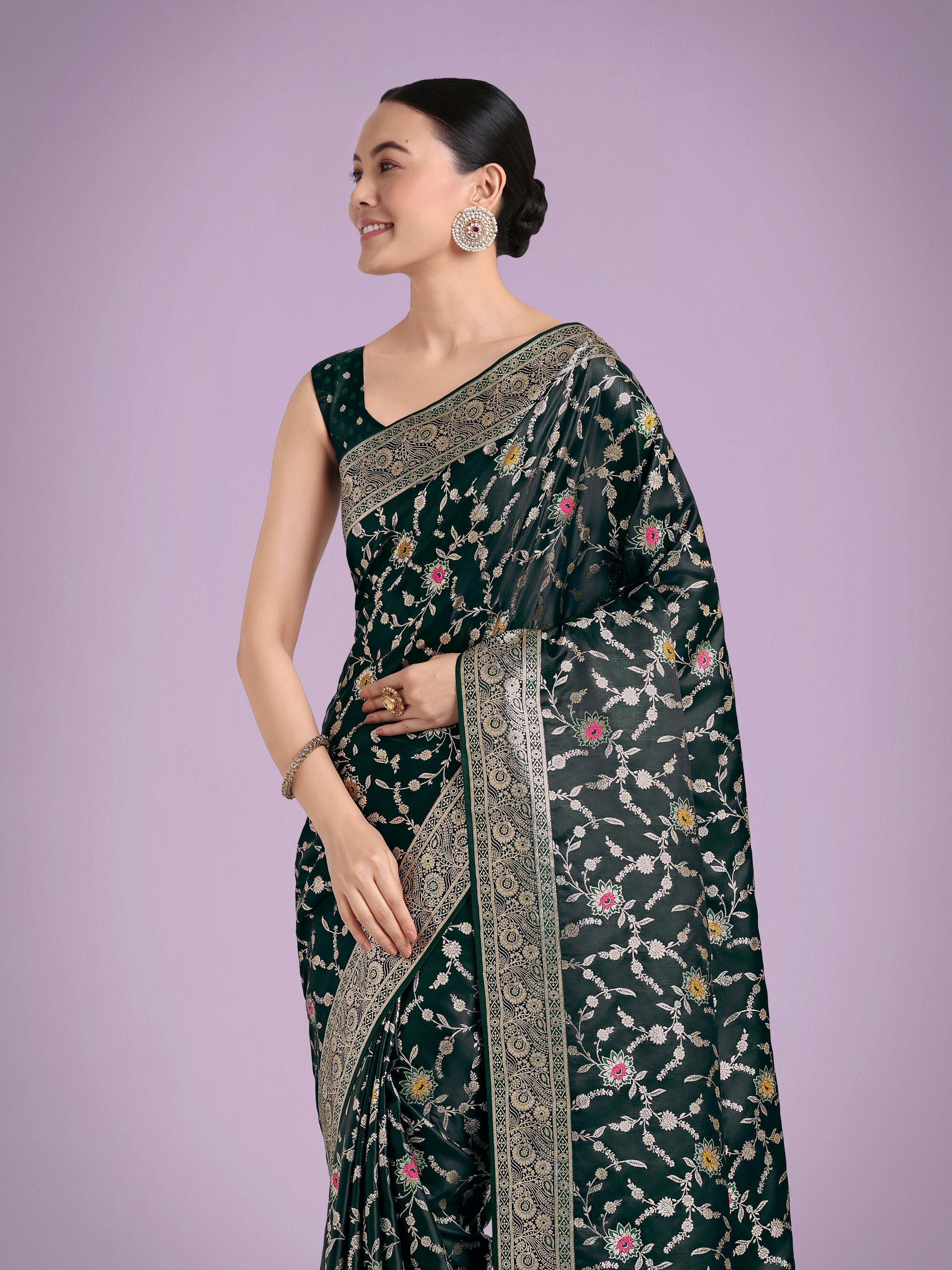 Monjolika Fashion Dark Green Zari Woven Banarasi Classic Satin Silk Saree