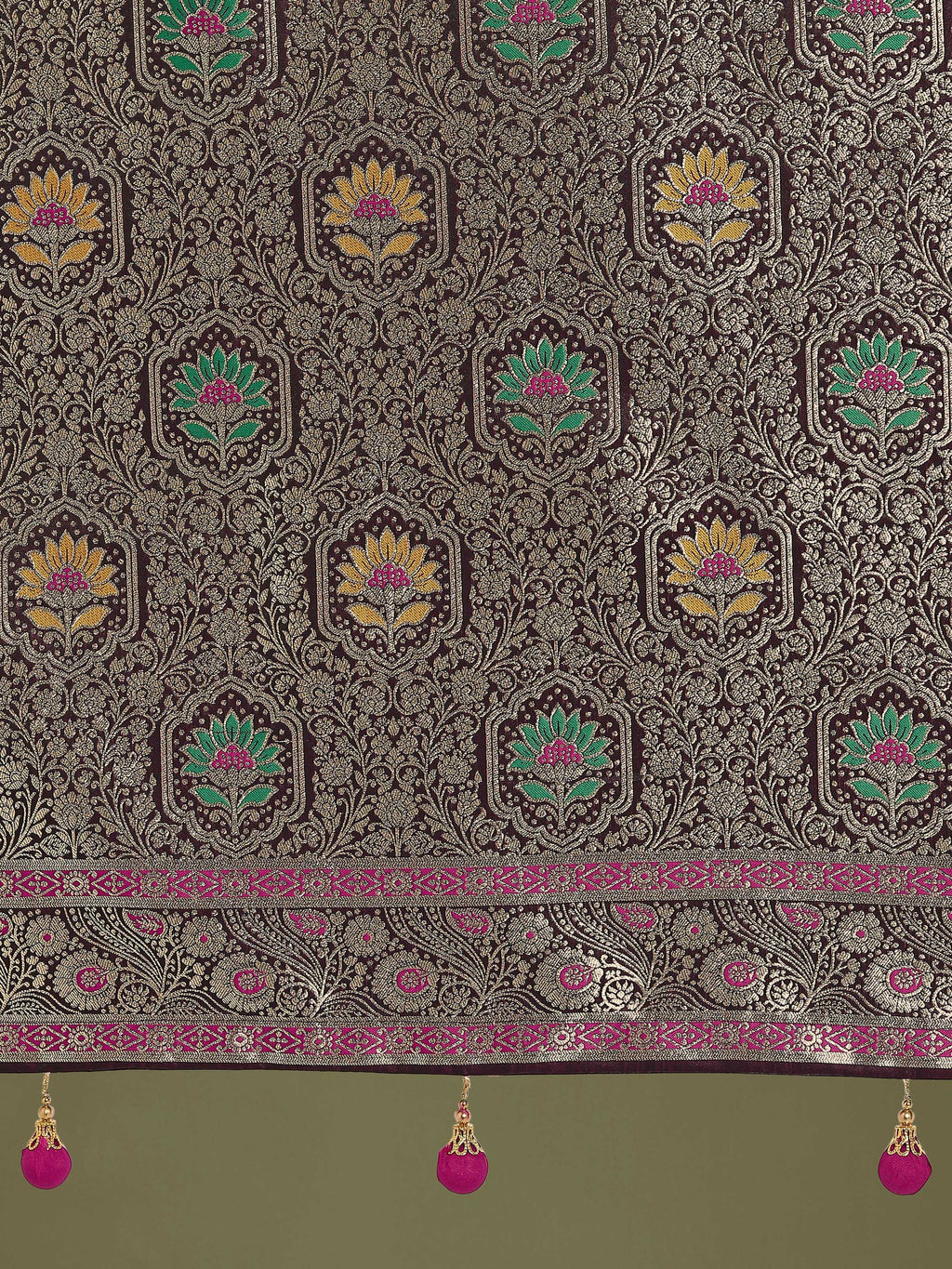 Monjolika Fashion Wine Zari Woven Banarasi Classic Satin Silk Saree