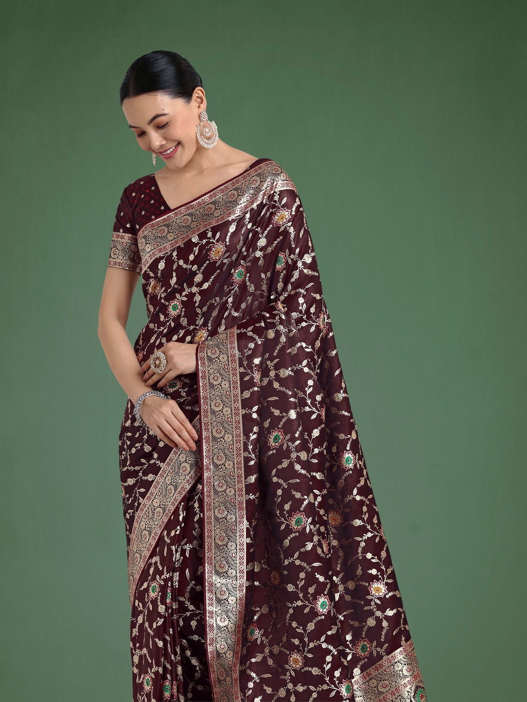 Monjolika Fashion Maroon Zari Woven Banarasi Classic Satin Silk Saree