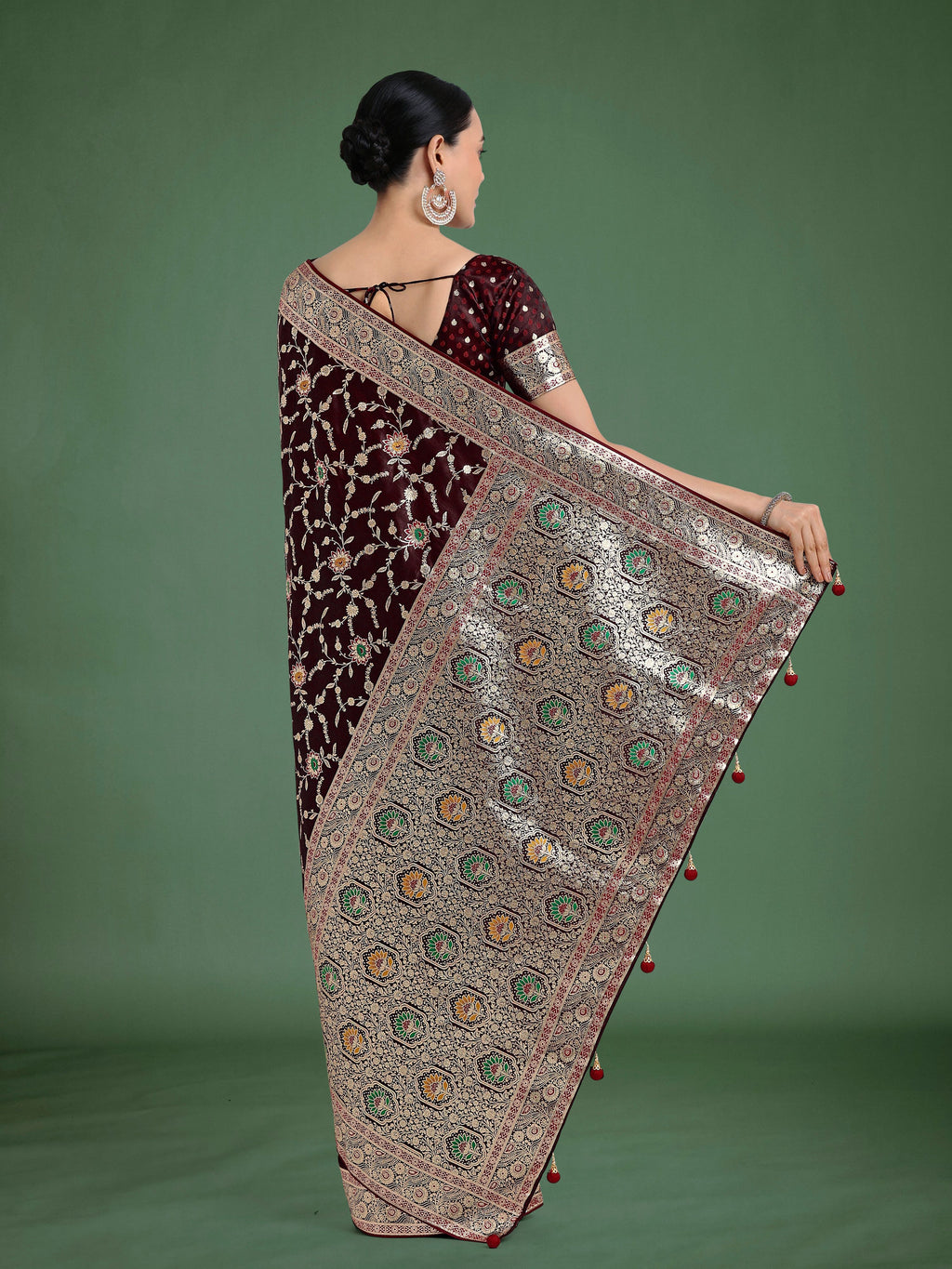 Monjolika Fashion Maroon Zari Woven Banarasi Classic Satin Silk Saree